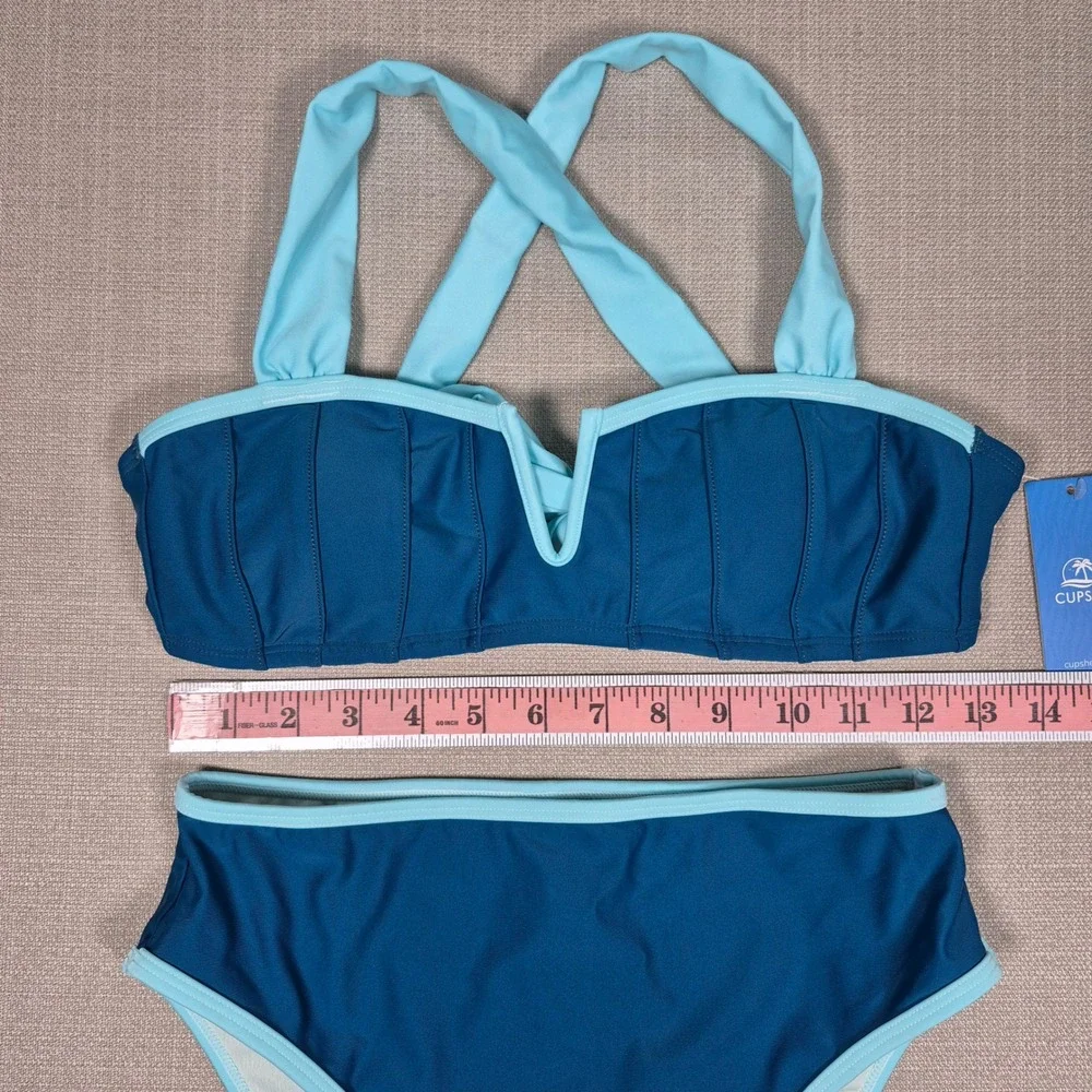 Cupshe Womens High Waisted Bikini Set Teal Blue Sweetheart Neck Size S‎ NWT